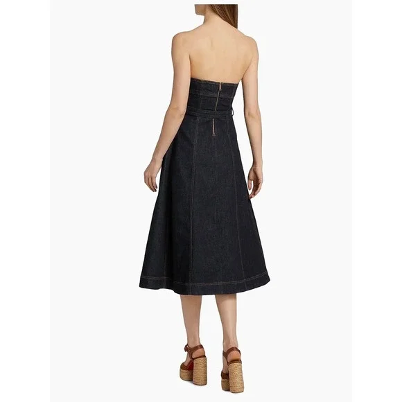Self-Portrait Indigo Denim Bandeau Midi Dress Belted Dark Wash US 4 - Picture 2 of 11
